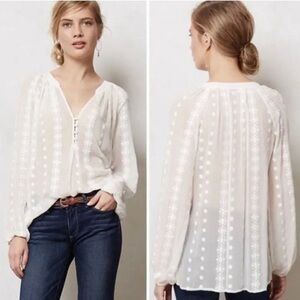 Zoa New York Neve Peasant Ivory Boho Sheer 100% Silk Embroidered Blouse